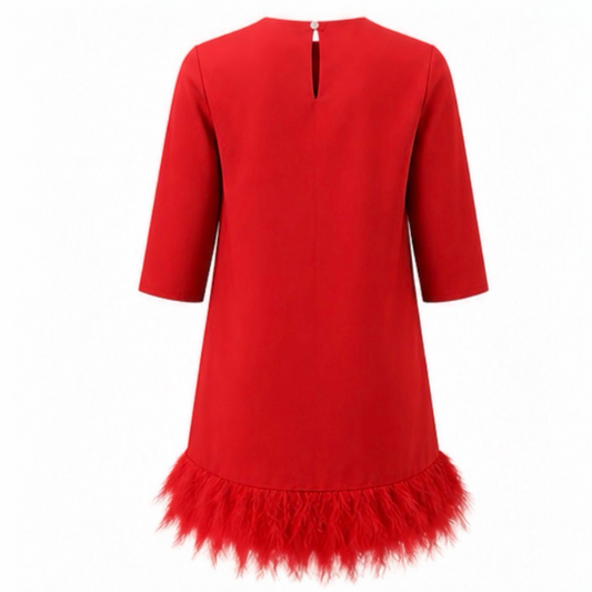 RED feather hem shift dress.
