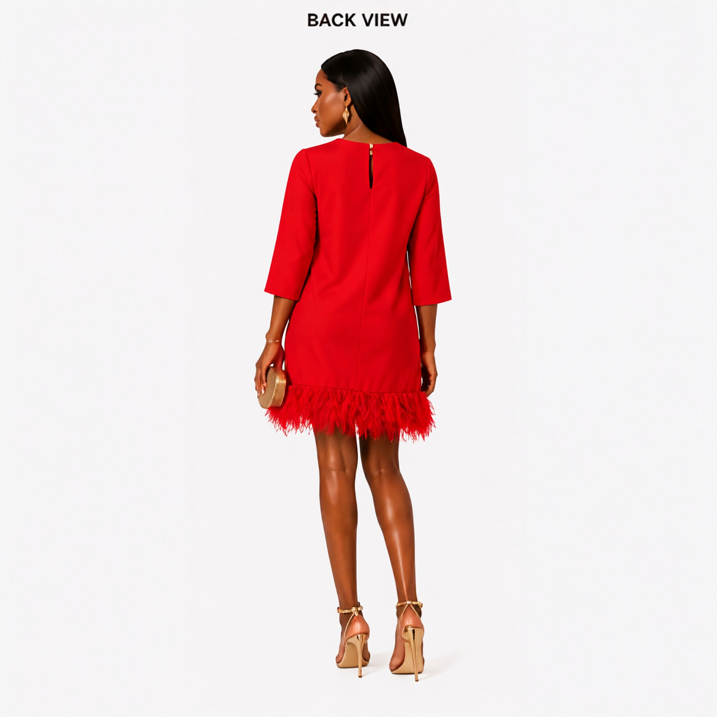 RED feather hem shift dress.
