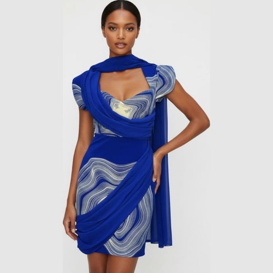 The 'NERID DRESS' Cobalt Marble Swirl Draped Dress