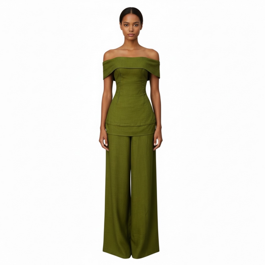 The 'GAIA SET' Olive Linen Off Shoulder co-ord Set