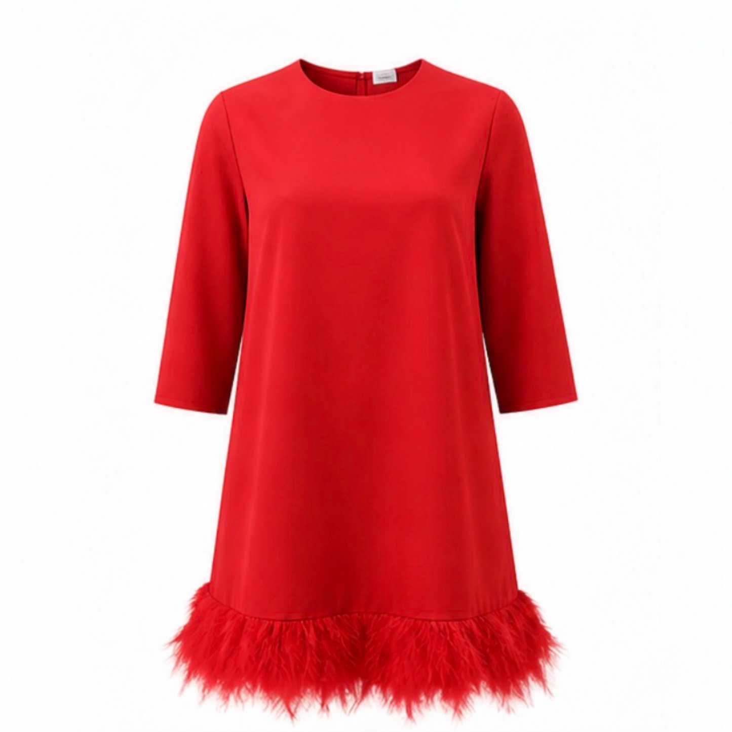 RED feather hem shift dress.