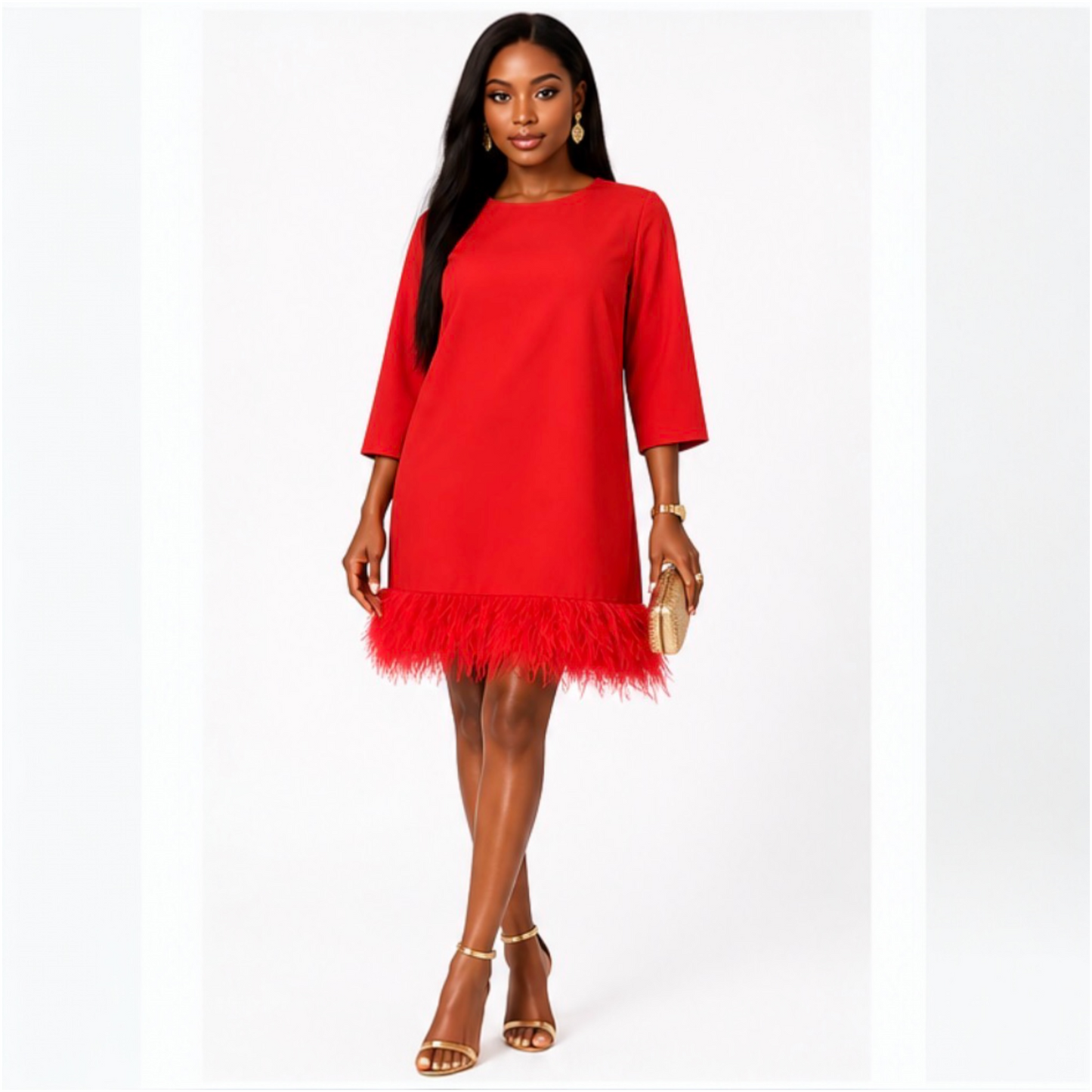 RED feather hem shift dress.