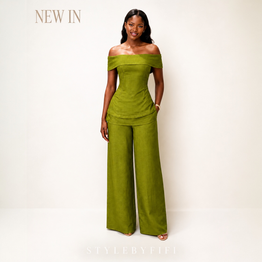The 'GAIA SET' Olive Linen Off Shoulder co-ord Set